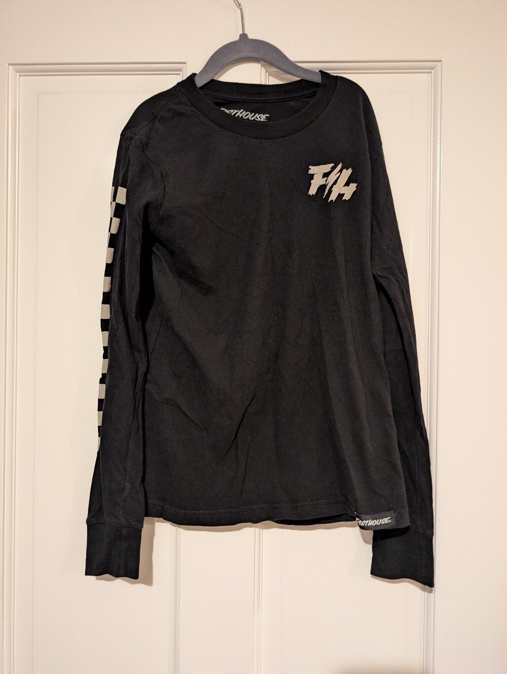 Boy's Black Long Sleeve Graphic Tee with Checker Sleeve Detail
